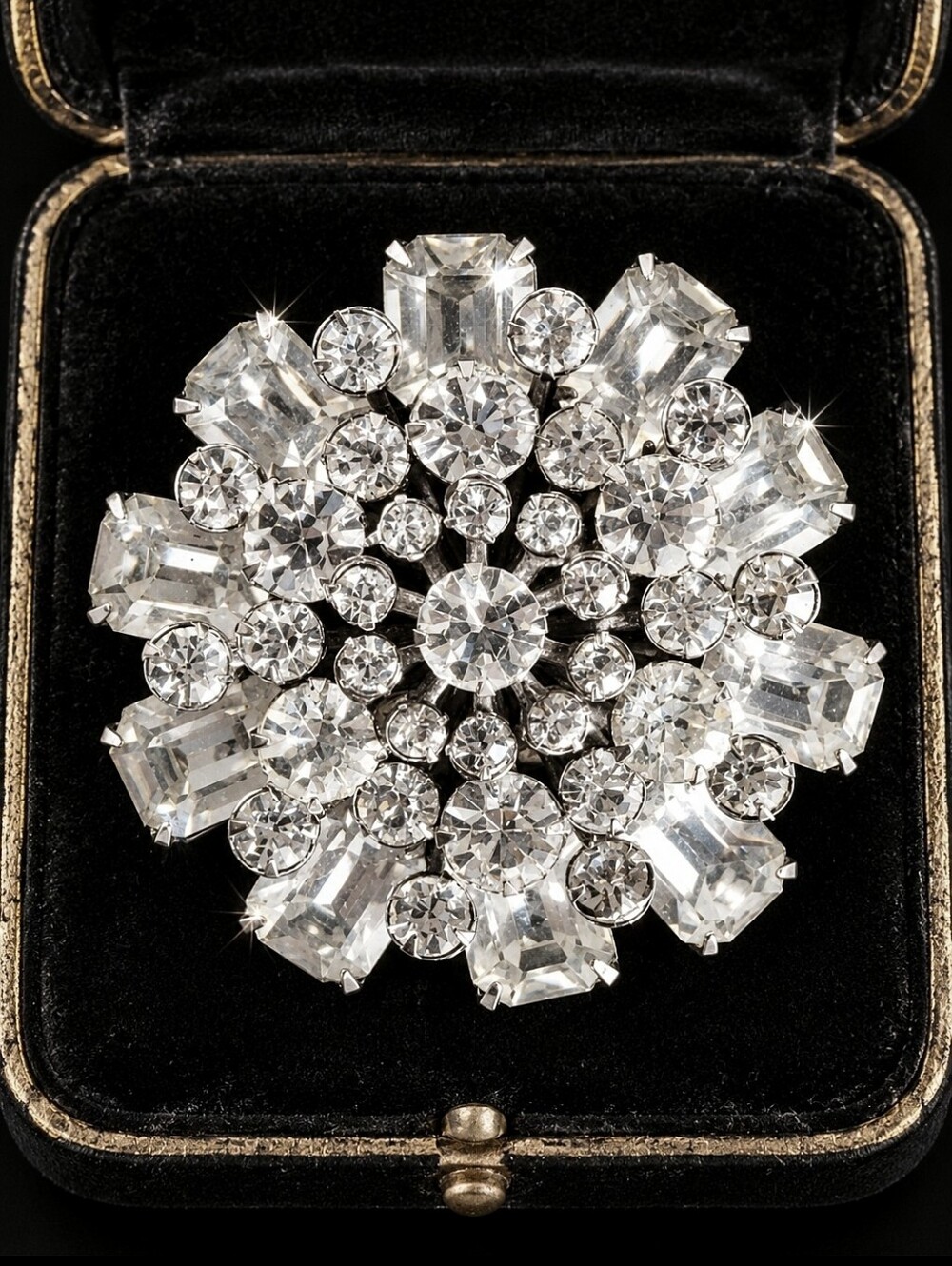 Clear Rhinestone Large Domed Unsigned Silver Tone Round Vintage Prong Set Brooch
